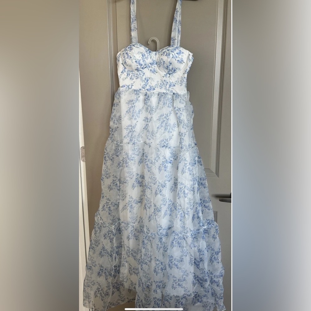 Blue White Floral Corset Maxi Dress – Size Large